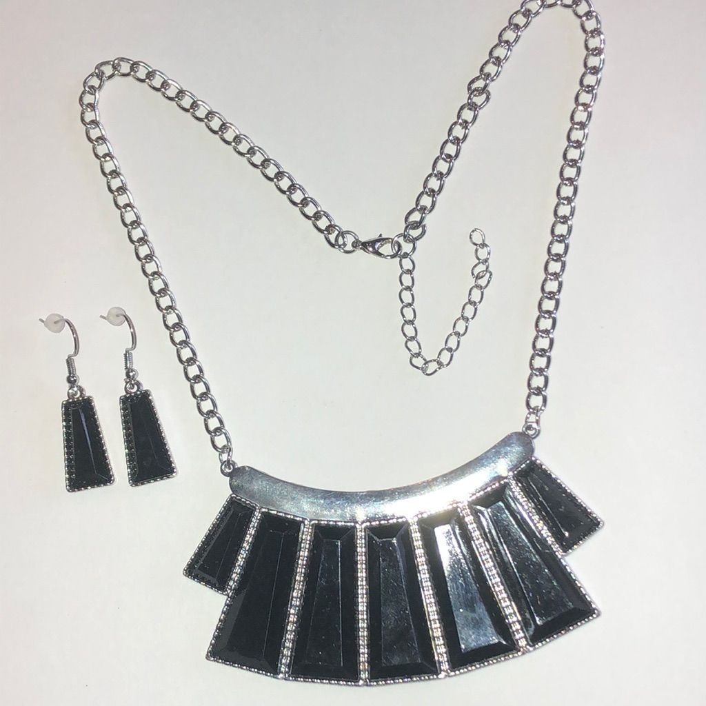 Black And Silver Tone Statement Necklace  Earring Set